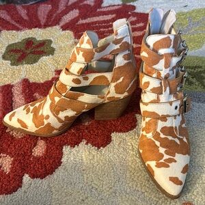 Brown cow print cutout booties